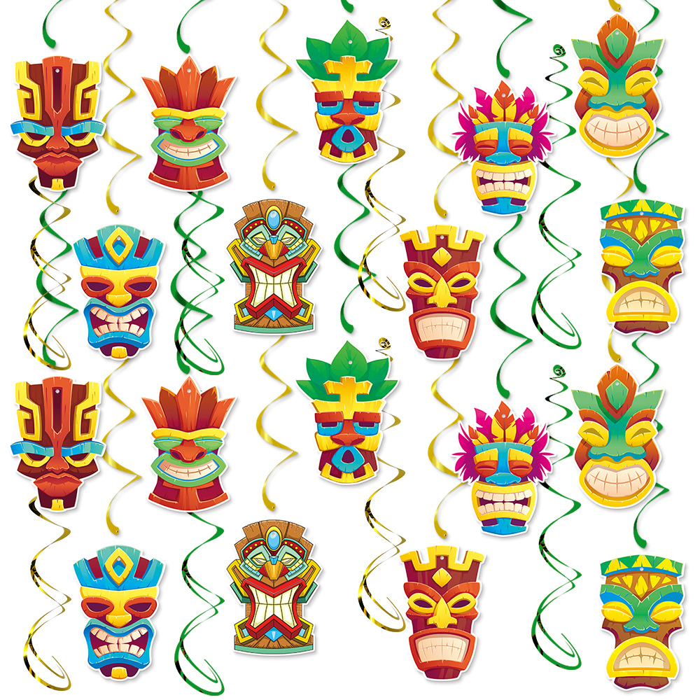 Suministro directo de fábrica de decoración de fiesta hawaiana etiqueta en espiral verano máscara de dios hawaiano colgante en espiral