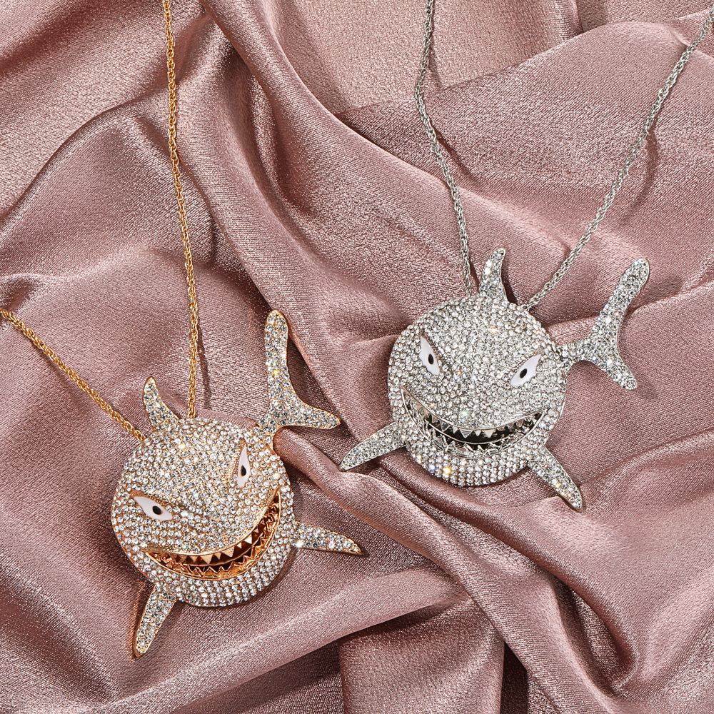 Ind style hip-hop diamond pendant necklace, punk exaggerated large shark collarbone chain, couple accessory_voghion.com