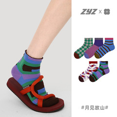 文藝復興薄款泡泡口ins潮流船襪春夏季短襪幾何圖形新中式襪子女