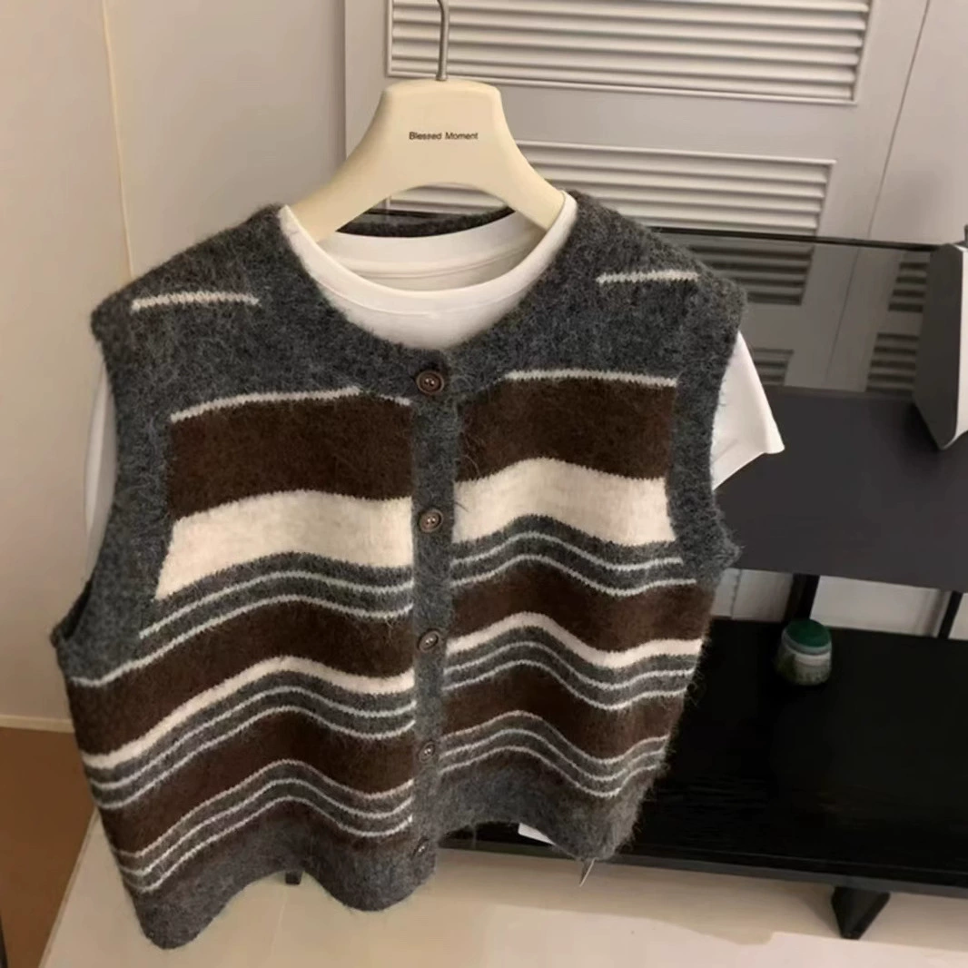 Ретро-полосатый премиум-стиль простой округлый воротник темперамент трикотажный жилет модный осенний свободный стек на плече топ женский