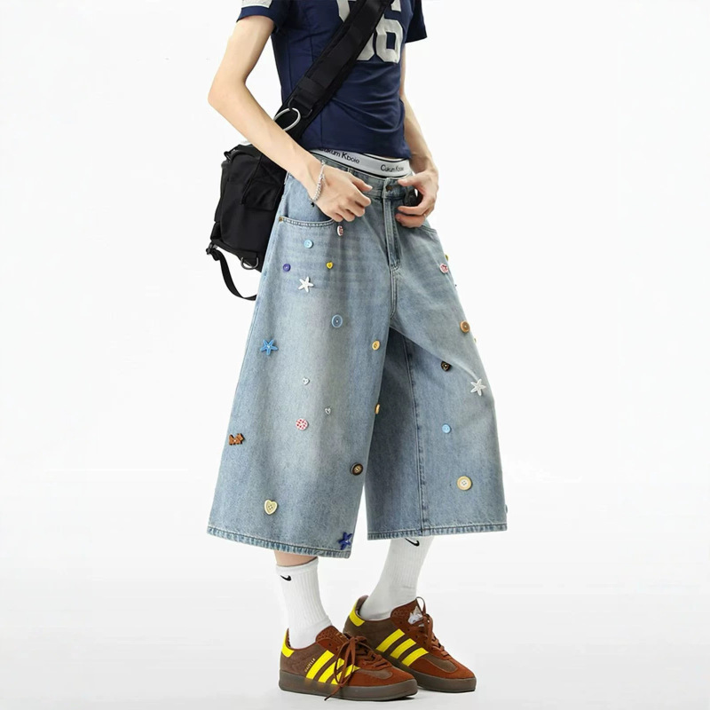 Colorful Button Design Denim Cropped Pants for Men and Women, Summer Cleanfit Loose Slimming Straight Wide-Leg Shorts