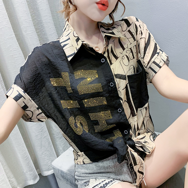 2025 夏の新ルーズプリントカラーブロックレターシャツ女性の半袖ファッション多用途トップ|undefined