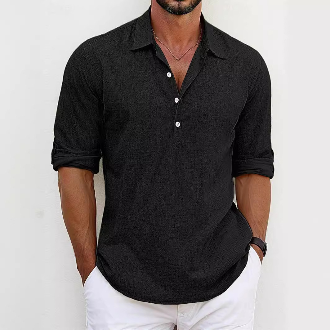 Men's Linen Shirt, Summer Foreign Trade Cross-border Solid Color Half-cardigan, Breathable, Sweat-absorbent,_voghion.com