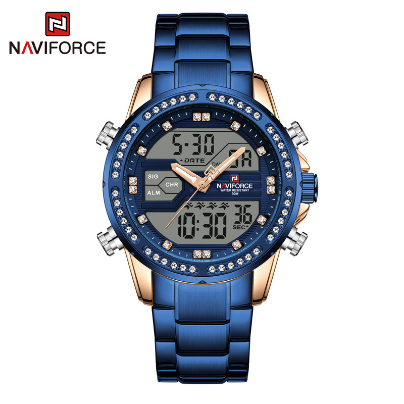 Naviforce lingxiang 9190 negocios cuarzo reloj electrónico de los hombres calendario deportes Acero inoxidable hebilla plegable luminosa image 6