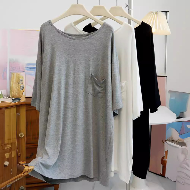 Large round neck mid-length modal nightdress women's loose plus size chubby girl pregnant women can wear outdoor home wear T-shirt skirt fashion