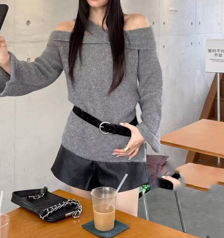 韩系慵懒风一字肩长袖套头毛衣女秋冬季新款宽松显瘦软糯针织上衣|undefined