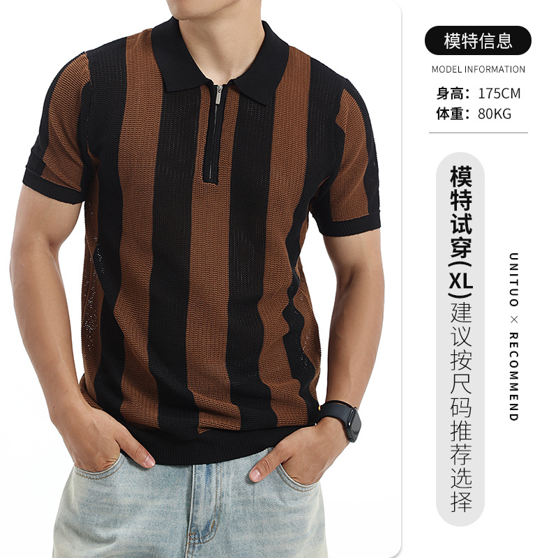 Europa y los Estados Unidos transfronterizos para hombres colores contrastantes rayas verticales jersey polo seda de hielo semia cremallera collar manga corta hombre de negocios casual