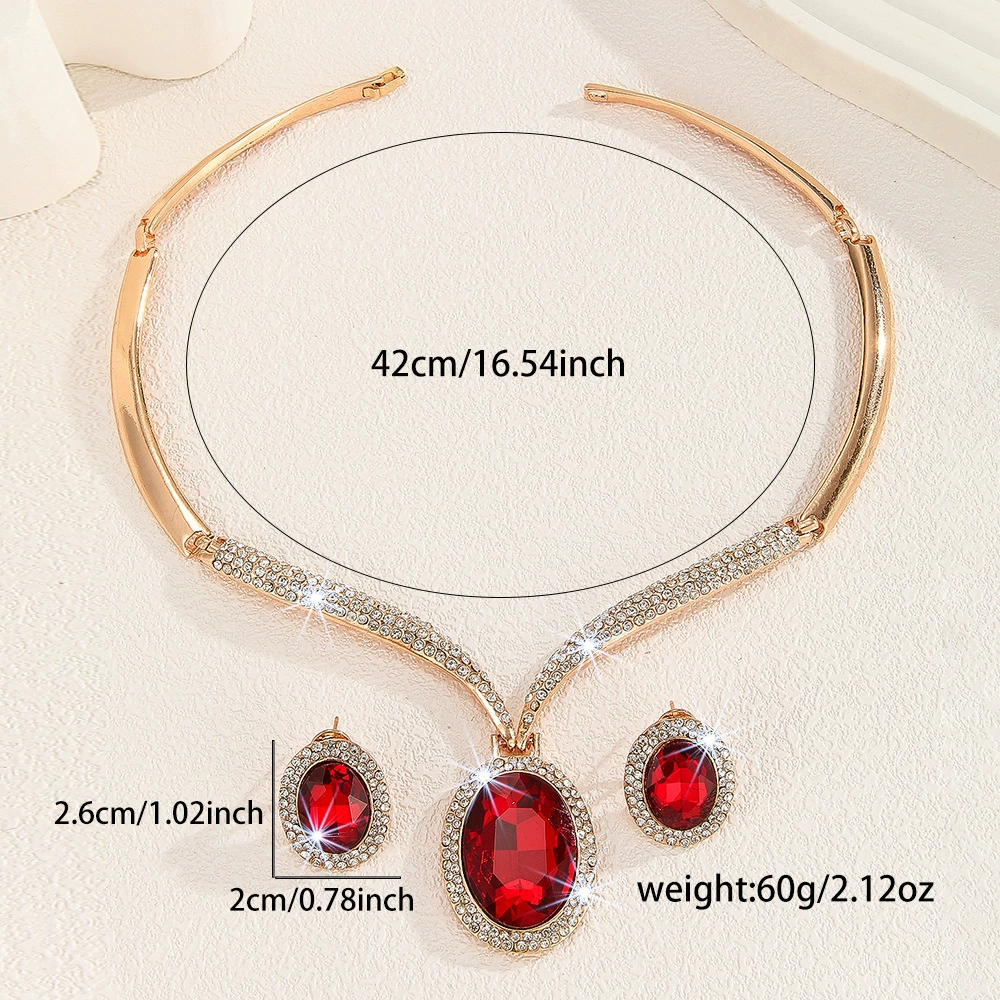 Golden metal white stone inlay, red crystal necklace, necklace and earrings, set, accessory, European style