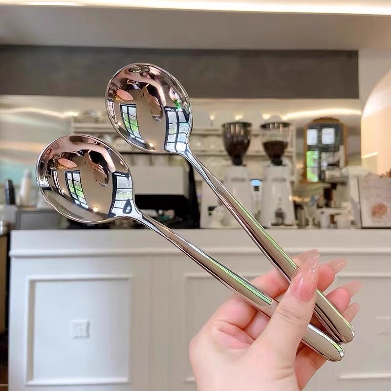 Household Food-Grade Stainless Steel Thickened Korean-Style Spoon, High-Value Ins Long-Handle Stirring Spoon, Eating Spoon