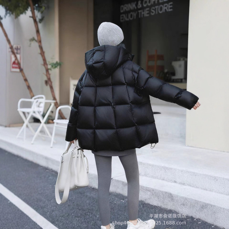 2025 Winter New White Duck down Puffer Hooded Square down Jacket for Women, Long Sleeve, Thickened, Loose and Warm Coat