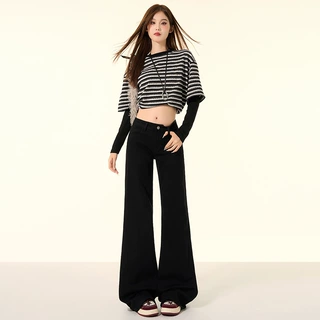 低腰黑色微喇牛仔裤女夏季2026年高腰显瘦弹力阔腿喇叭裤子女辣妹