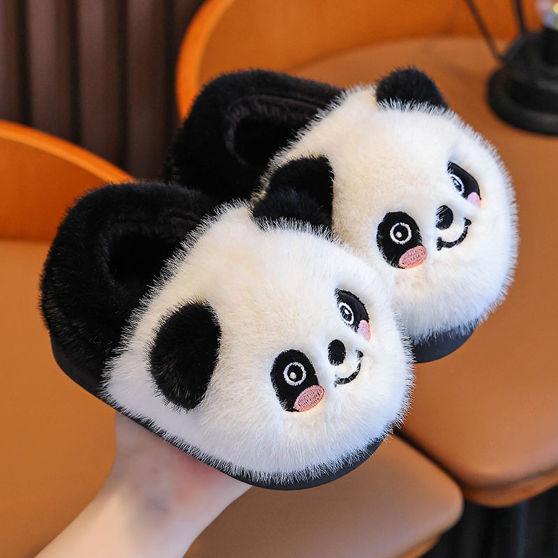 Panda Kidsren's Cotton Slippers with Heel Winter Plush Warm Non-Slip Cute Home Family Baby Cotton Shoes for Boys and Girls