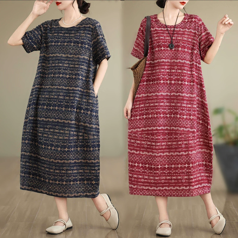 Настоящее фото платья из хлопка и льна, летняя свободная длинная юбка до колена, закрывающая живот, новая юбка с короткими рукавами и принтом 2025 года для фигуры груши.