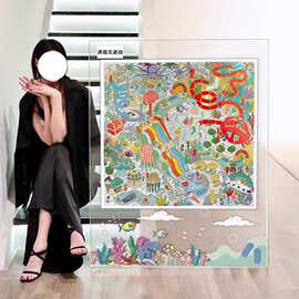 轻奢亚克力透明装裱丝巾装饰画法式奶油风玄关挂画复式楼梯间壁画