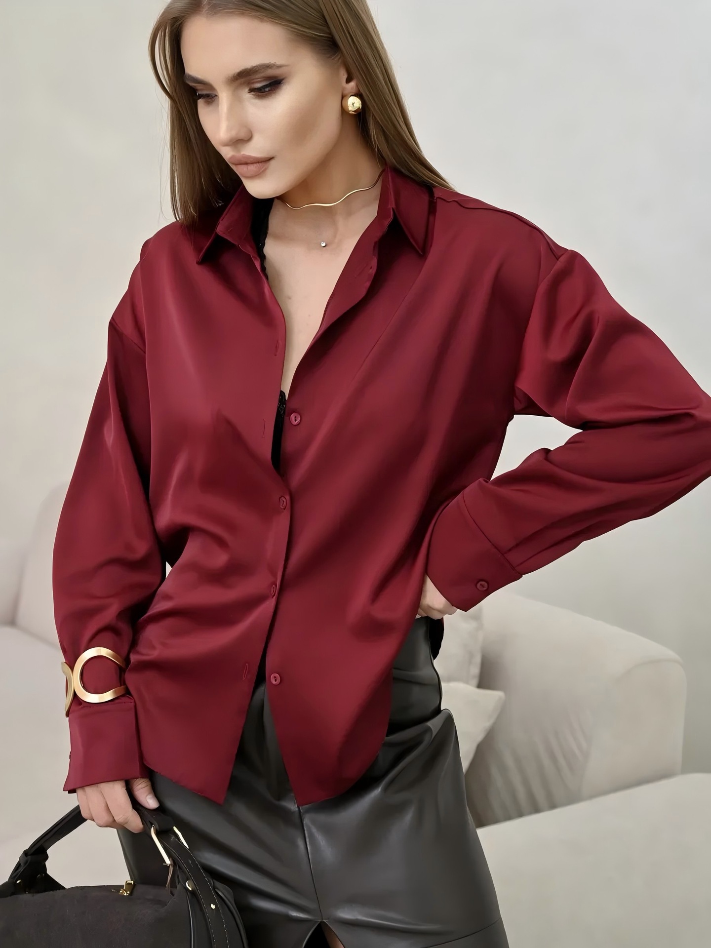 Women's Solid Color Acetate Long Sleeve Shirt Spring New Arrival Silky Satin Feel Wrinkle Resistant Drapey Texture Basic Top_ecoleips.com