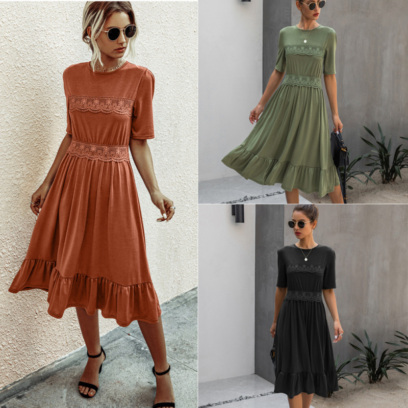 Amazon 2021 New Spring and Summer Fashionable Lace Patchwork Round Neck Slimming Women's Dress B202Lqm020 Amazon 2021 New Spring and Summer Fashionable Lace Patchwork Round Neck Slimming Women's Dress B202Lqm020