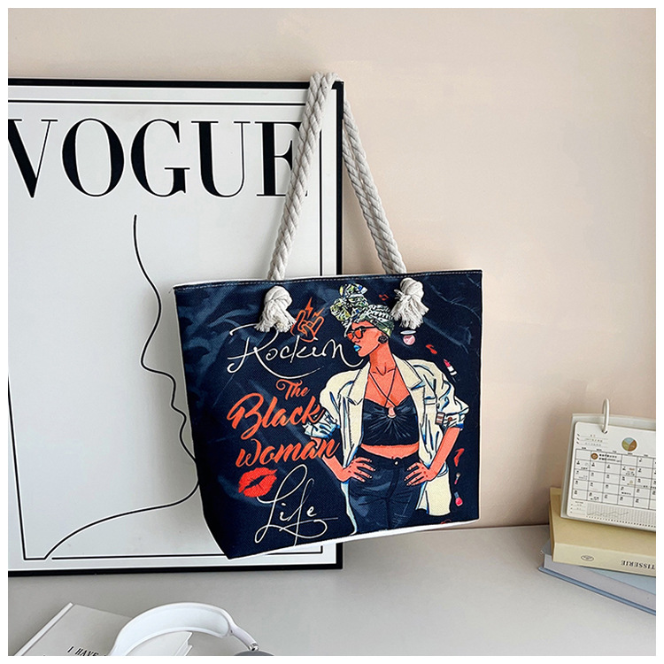 New cross-border tote bag, versatile women's portable shopping bag, creative women's printed aesthetic thick rope beach bag undefined