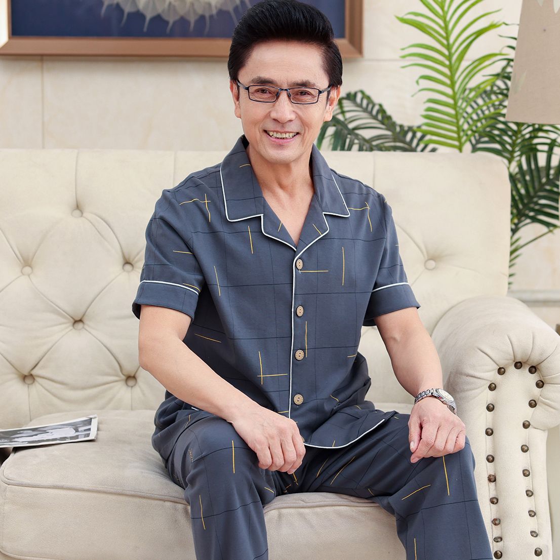 Pijama de hombre 100% algodón pantalones de manga corta Verano de mediana edad y anciano papá más tamaño cardigan traje fino homewear