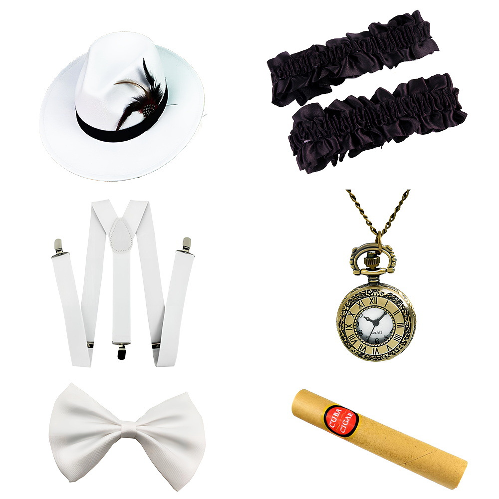 1920s Gatsby Party Dress Up Correa Reloj de bolsillo Barba falsa Traje Vestido de moda Sombrero de copa Corbata Años 20