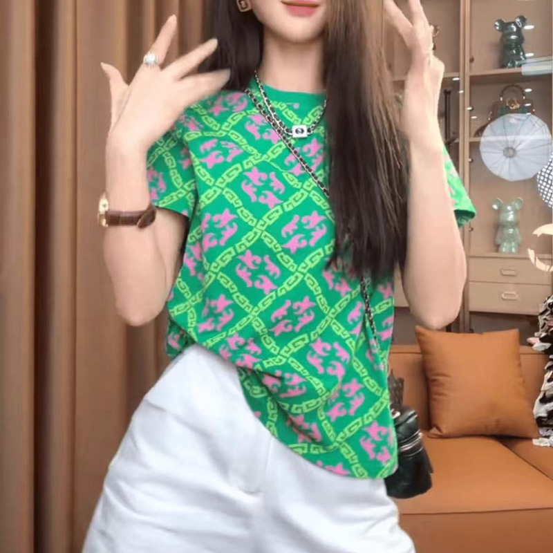 2024 Printed Right-Shoulder Short-Sleeved T-Shirt Summer New Loose Fashion Design Round Neck Top Slimming Look Casual and Versatile