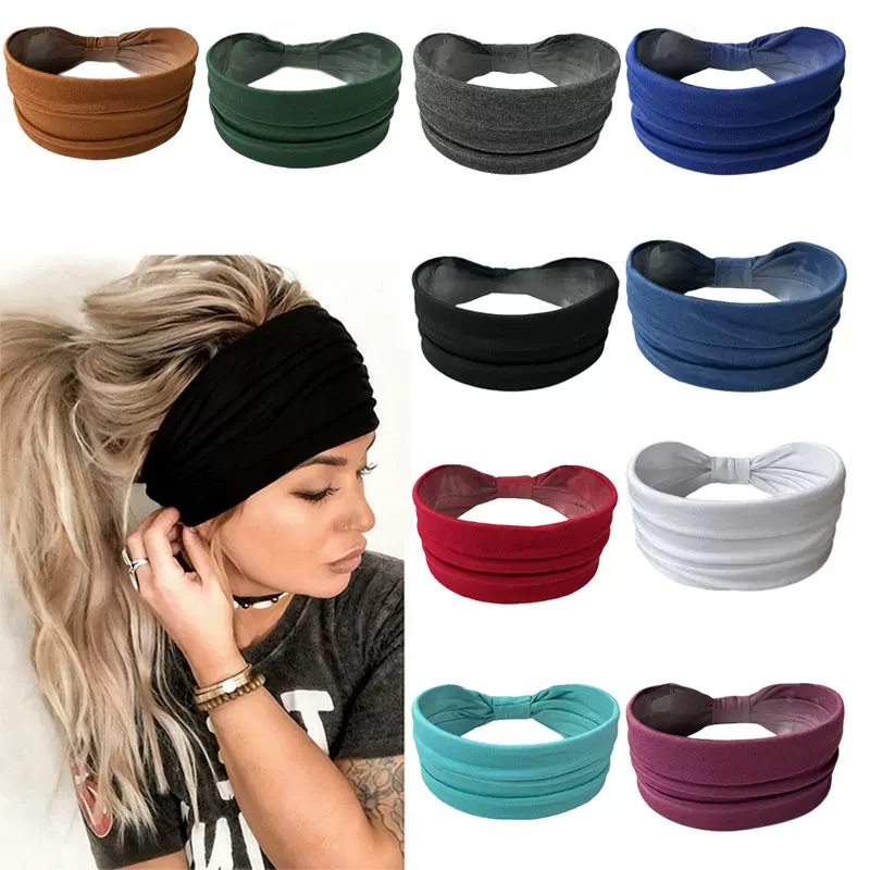 亚马逊欧美超宽纯色弹力瑜伽运动吸汗发带包腰发带女士头巾束发带