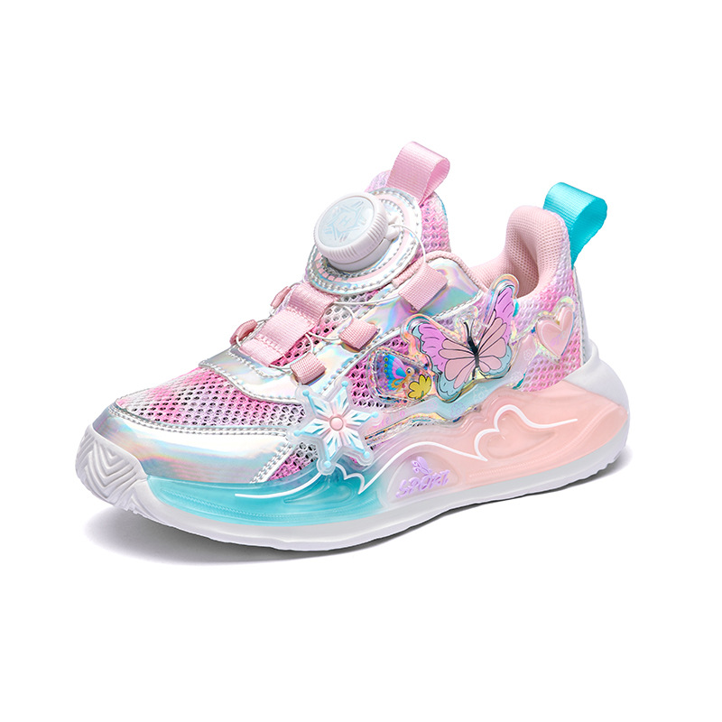 Zapatos deportivos de niñas 2026 primavera nuevo botón respirable de malla zapatos de carrera para niños grandes anti-deslizante con suela suave zapatos de papá