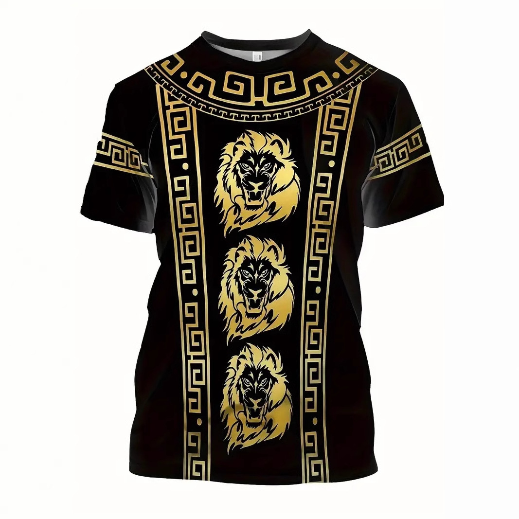 Camiseta de cuello redondo de manga corta transpirable de malla suelta de verano para hombre con estampado digital 3D con patrón de león dorado retro