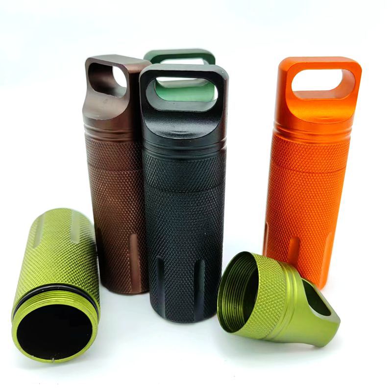 Aleación de aluminio portátil sellado tanque al aire libre de metal impermeable almacén portátil píldora botella cilíndrica llavero colgante