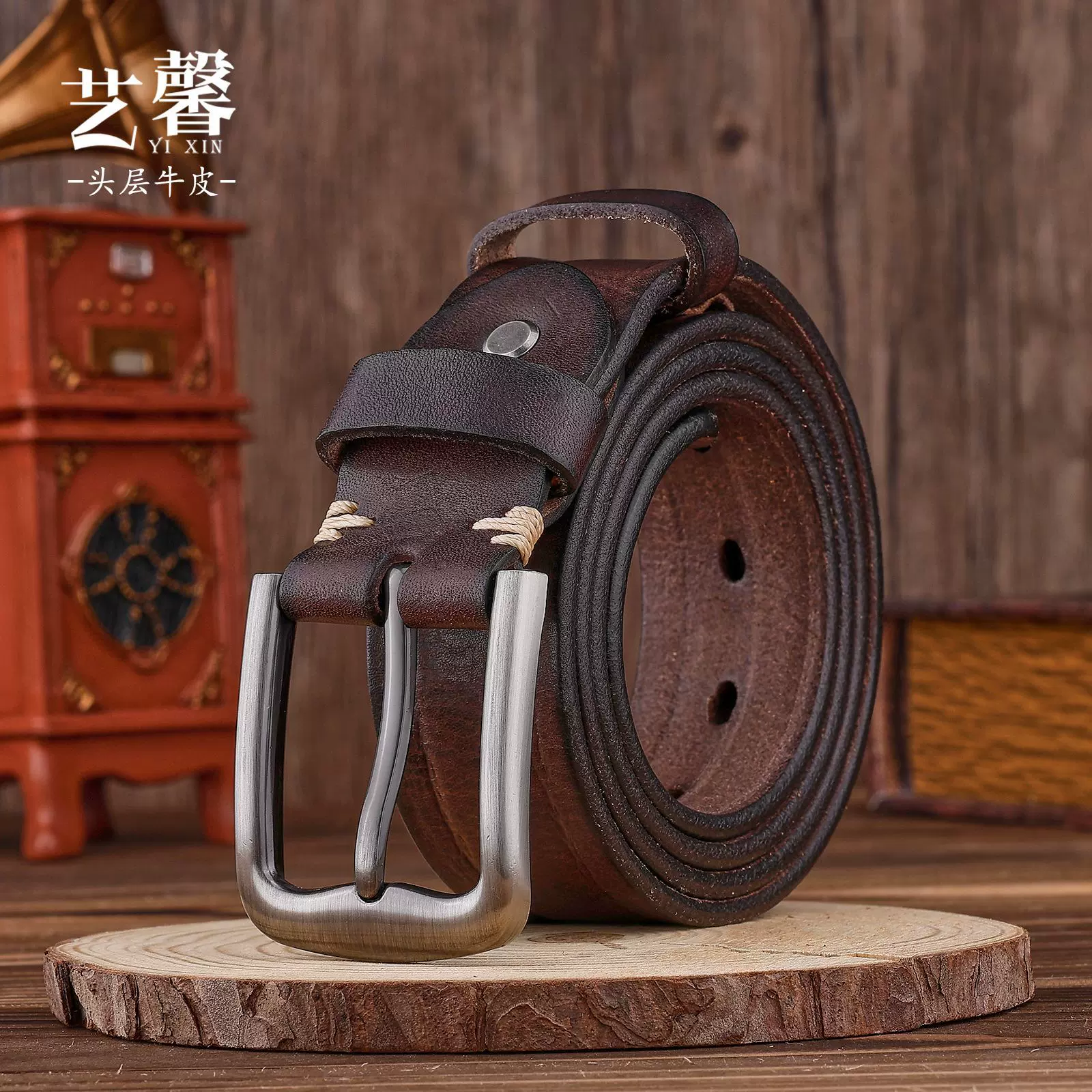 男士复古真牛皮腰带头层牛皮皮带高级感民族风合金真皮针扣腰封