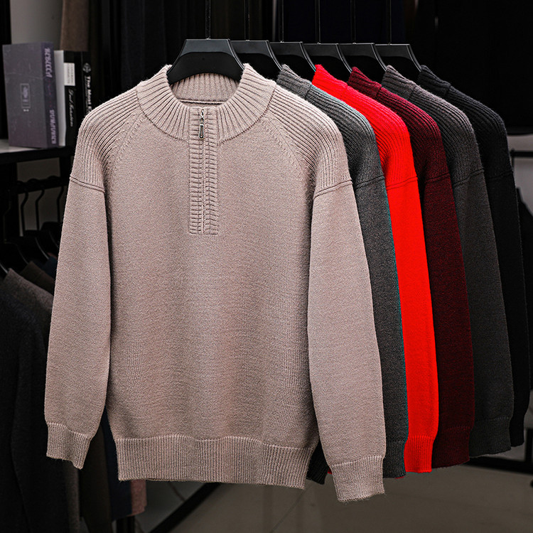 Otoño y invierno nueva temporada de cremallera de cuello alto hombre grueso de mediana edad jersey de punto delgado color sólido simple jersey de punto