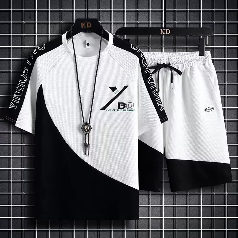 Waffle Casual Set Hombre Verano Juvenil Largo Deportivo de hombre Pantalones cortos de manga corta con un juego de 1 / 2 piezas