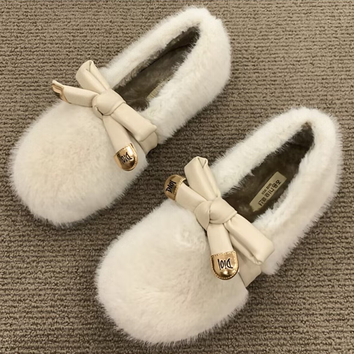Furry Shoes Women's Flats Shoes with Bows and Velvet Autumn and Winter Warm Non-Slip Slip-On Pregnant Women's Cotton Scoop Shoes Beanie Cotton Shoes