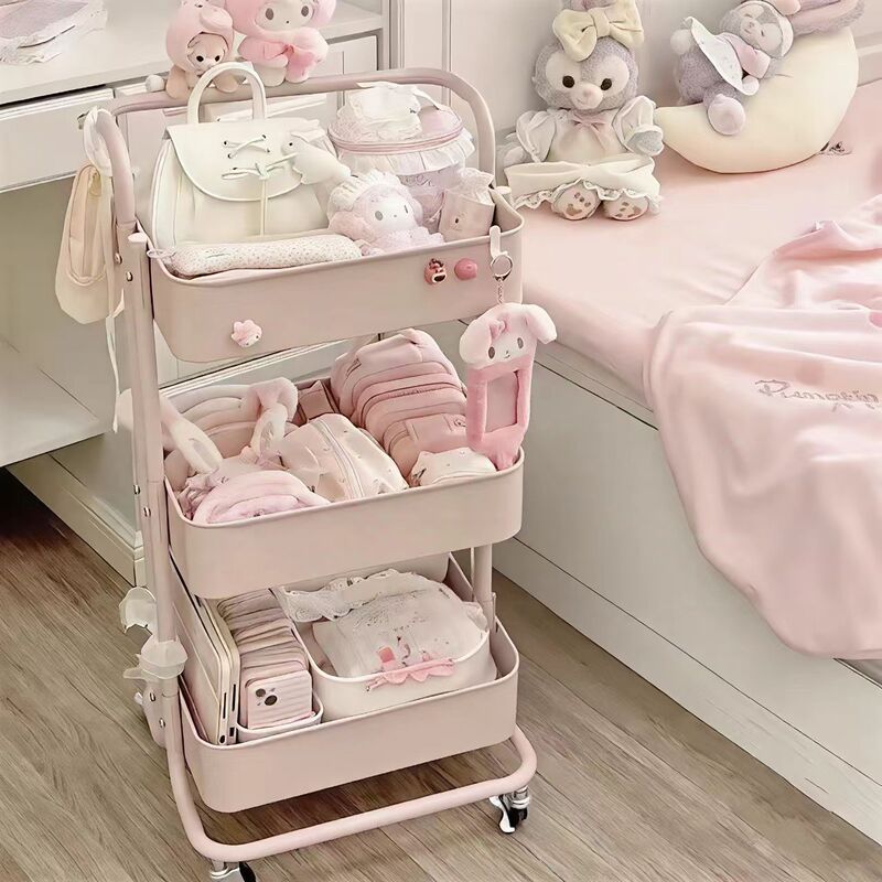 Movable Carbon Steel Trolley, Bedroom Multi-Layer Storage Rack, Skin Care Product Storage Rack, Floor-Mounted Wheeled Doll Storage Rack Movable Carbon Steel Trolley, Bedroom Multi-Layer Storage Rack, Skin Care Product Storage Rack, Floor-Mounted Wheeled Doll Storage Rack