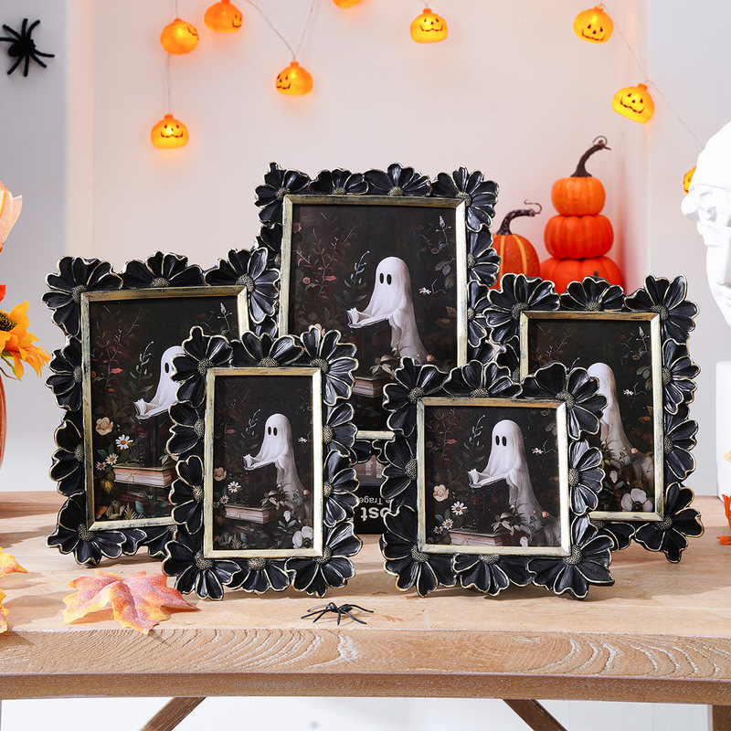 Cross-Border Halloween French Living Room Resin Material Black and White Gold Edge Three-Dimensional Daisy Flower Shape Decorative Photo Frame