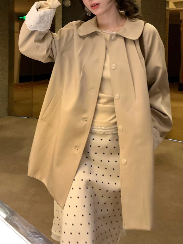 PtonUmi 长岛恋人 袖口花边拼接中长款风衣外套女秋韩系翻领大衣|undefined