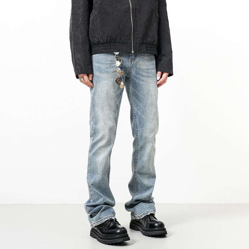 Men's Light Blue Distressed Flared Jeans High Street Loose Straight Fit Casual Cleanfit Style_voghion.com