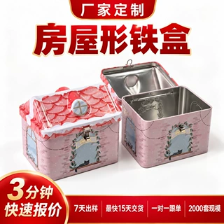 房屋形马口铁定制厂家长方形翻盖糖果化妆品铁皮屋仔形铁罐定做