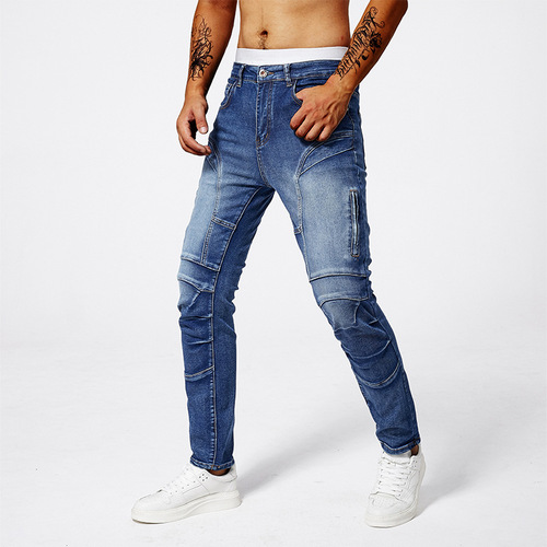 Stylish Men's High-Street Denim Jeans with Patches, Frayed Holes, Elastic Waist, and Slim Fit