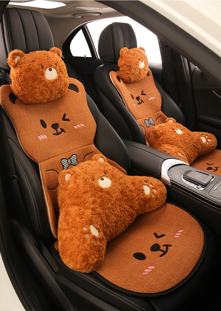 Car Seat Cushion Bear Cartoon Four-Season Universal Non-Slip Anti-Dirt Linen Seat Cover Protective Cover Full-Cover Linen Cartoon