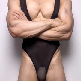 《杨教练实拍图片》性感透明塑身连体衣男士露胸健身显大AD7421