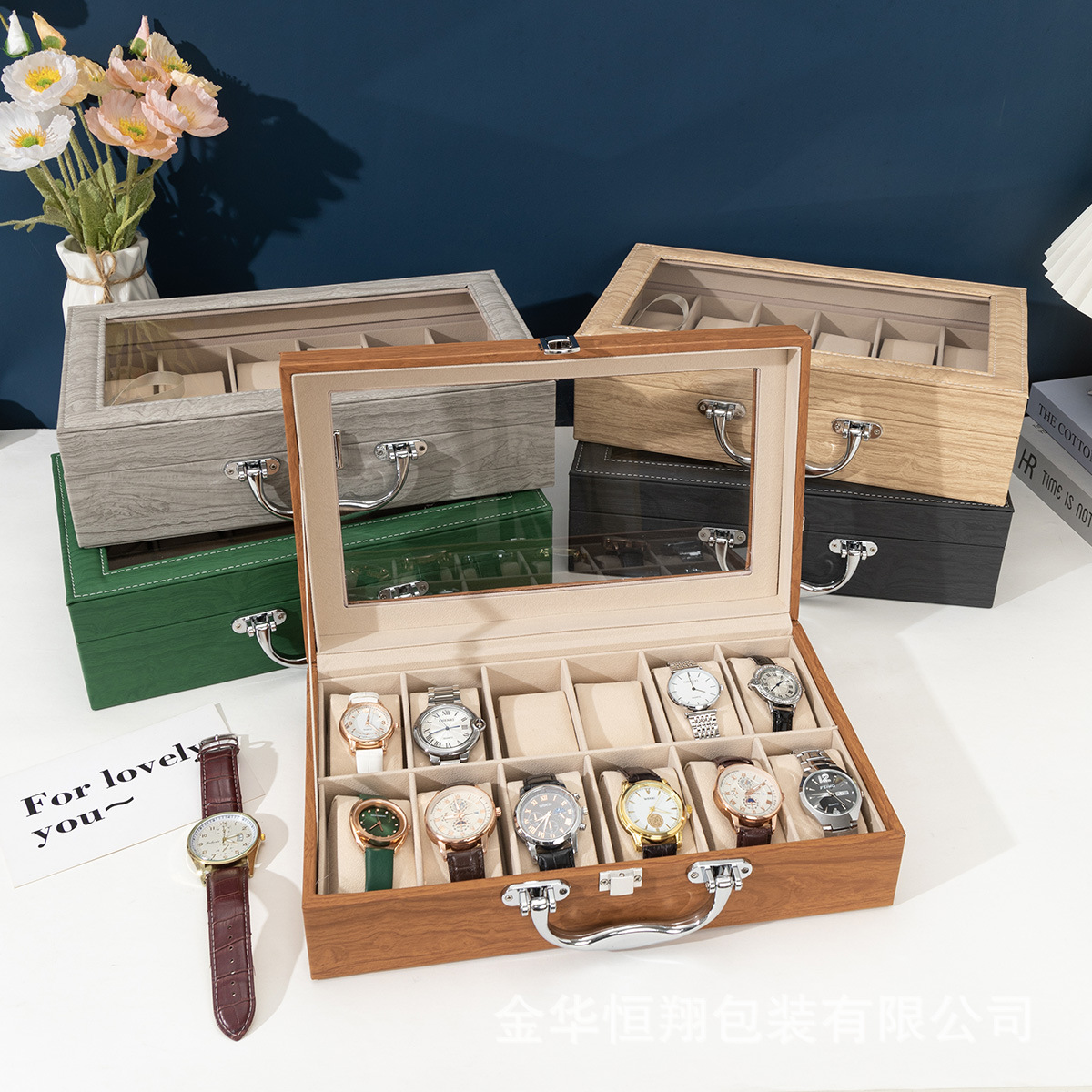 Luxury Retro Wood Grain Imitation Leather Watch Box Bracelet Storage Box Safety Locking Mechanical Display Cabinet 12 Card Slot Watch Box