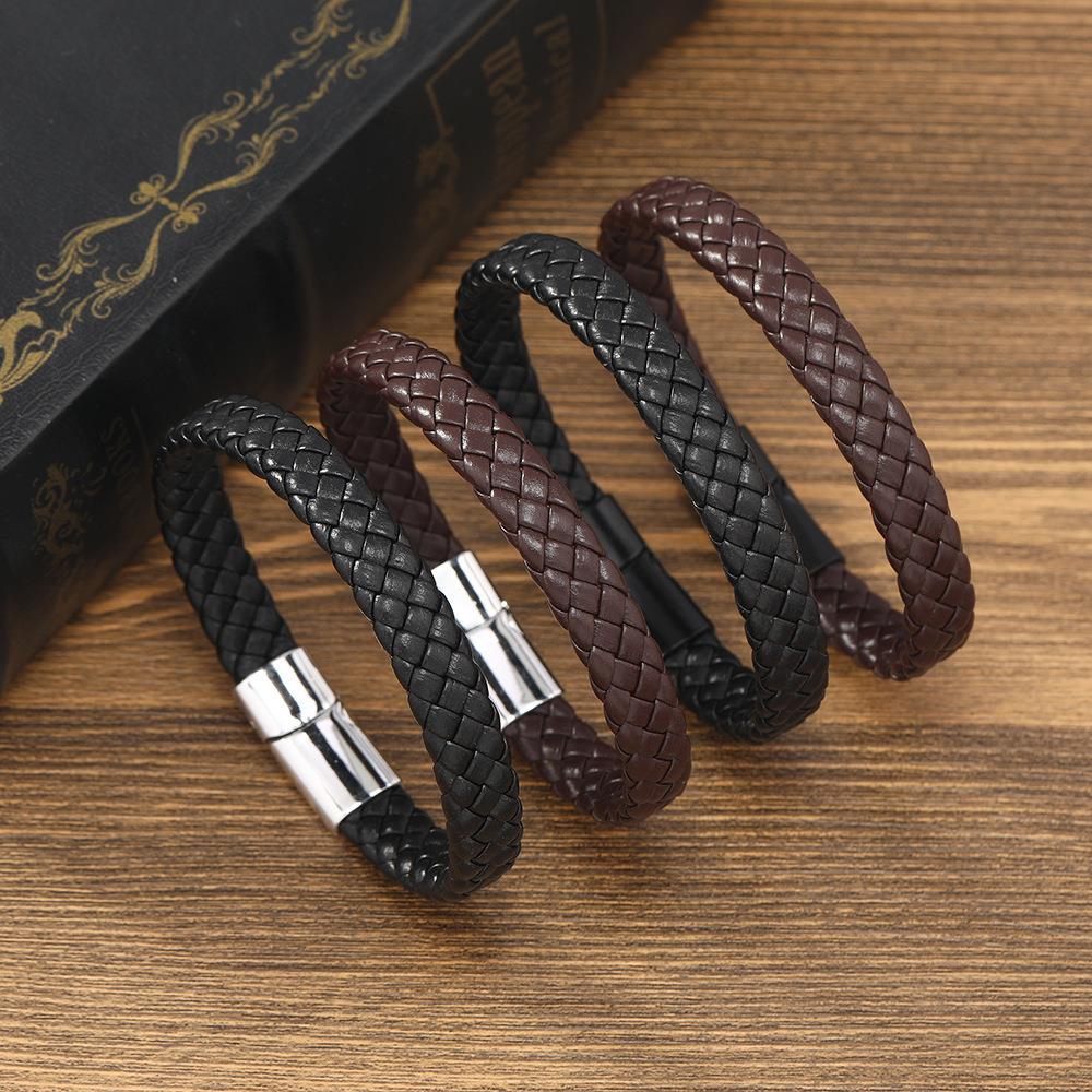跨境复古手工合金皮绳手镯创意新款pu磁铁扣男士手链情侣首饰批发