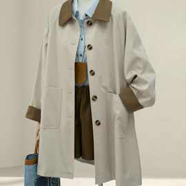 日系卡其风衣秋2025新款女装巴恩松弛感显瘦撞色翻领中长外套氨纶