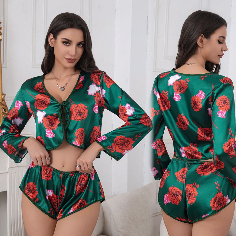 Printed Pajamas Set Green Long-Sleeved V Neck Pajamas Comfortable, Cool and Skin-Friendly Pajamas Customized by the Manufacturer