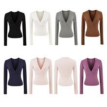 跨境女装批发秋季新款欧美风深V领分割拼接长袖修身羊绒打底上衣