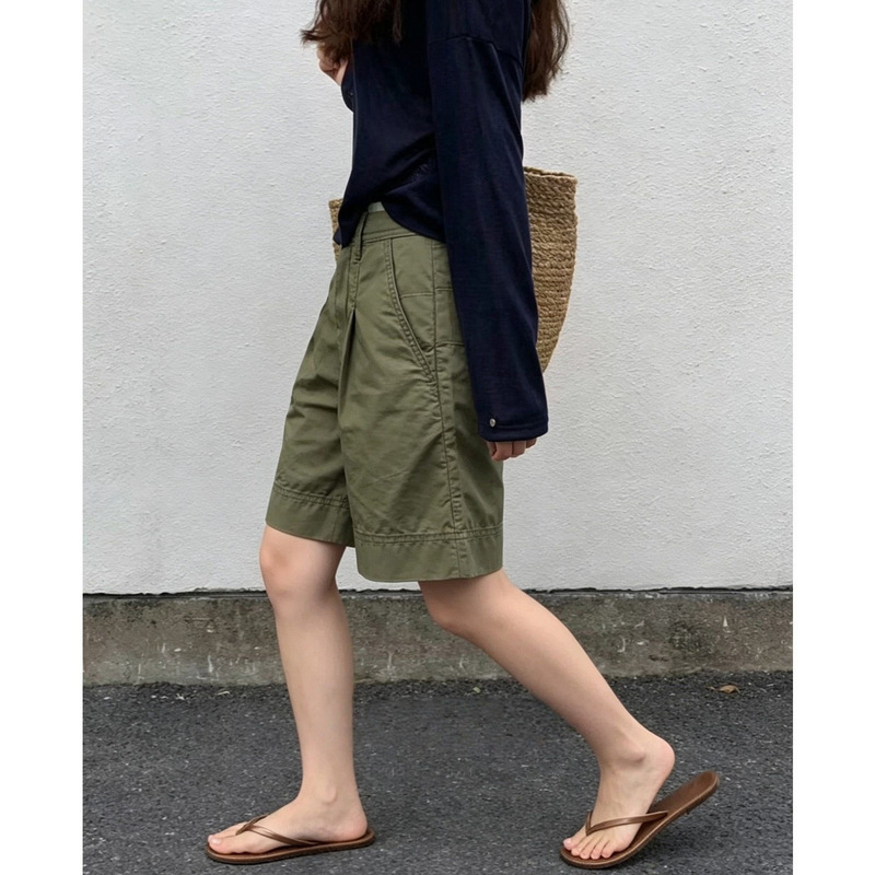 Summer Stylish Thin Pants Versatile Casual Sports Retro High-Waisted Army Green Workwear Five-Point Wide-Leg Pants for Women