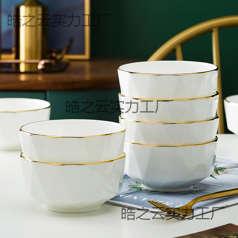 Jingdezhen White Bone China Tableware Wholesale Gold-Rimmed Bowl Household Light Luxury Single Eating Bowl Large Noodle Bowl Soup Bowl