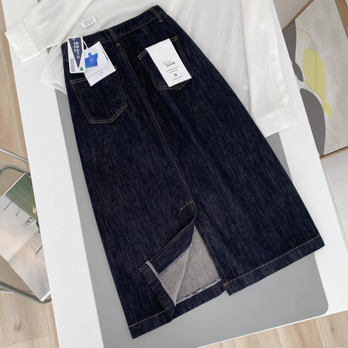 [Premium Original Cowhide] Fade-resistant ~ Navy Blue Back Split Spring/Summer High-waisted Mid-length Denim Retro Skirt