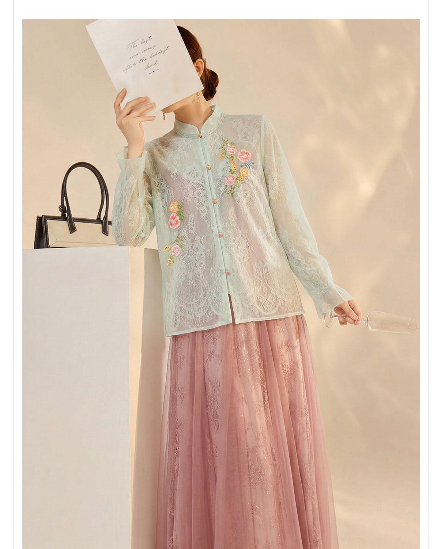 Váy maxi ren lụa dây mảnh nhiều tầng phong cách Trung Hoa hiện đại — Bột yêu đào chi tiết 16