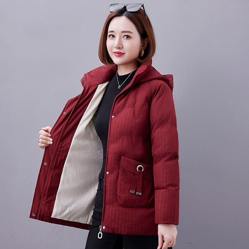Long removable demi-season keep warm hoody with down for mother, mid-length, for middle age